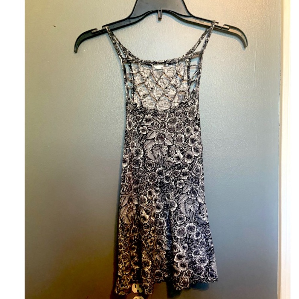Black and white cotton floral tank top with a net halter neck